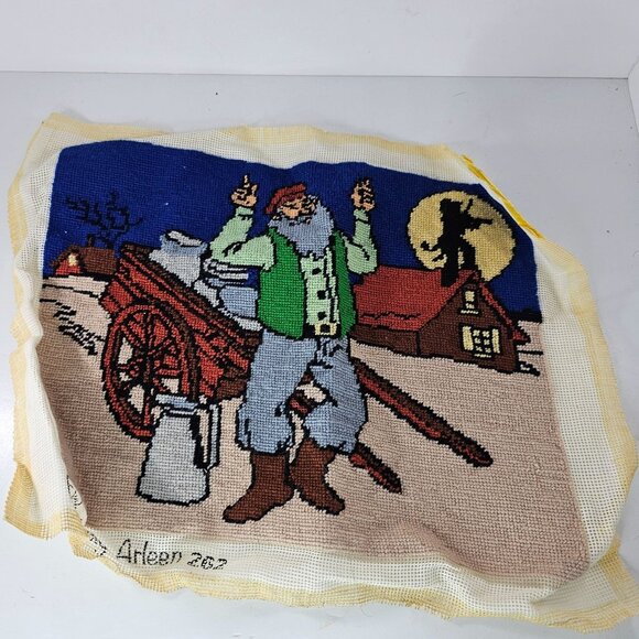 Jewish Art Needlepoint Judaica Fiddler On The Roof Handmade 13"x16" WRINKLED - Picture 6 of 8